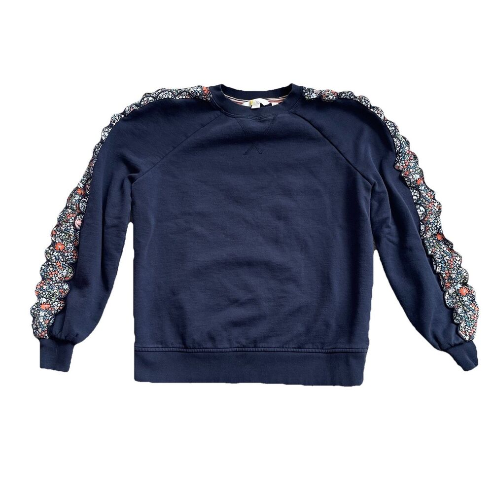 Boden Women’s Navy Sweatshirt Floral Ruffle Sleeve Detail Cotton Blend Size US 2